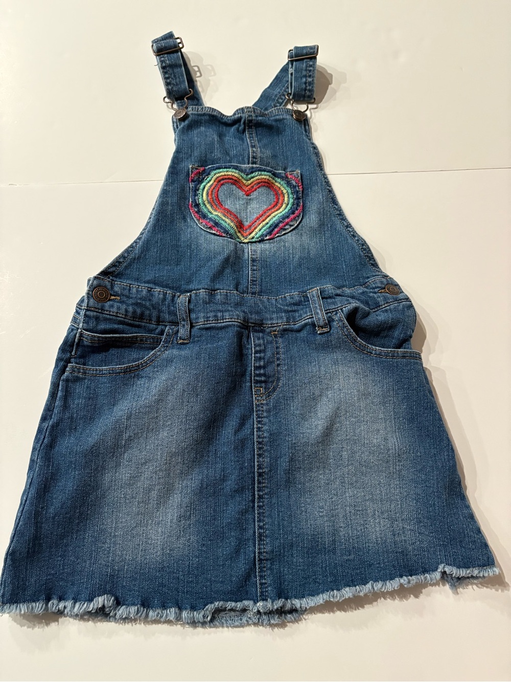 Girls Denim Overall Dress with Rainbow Heart - Blue Large 10/12